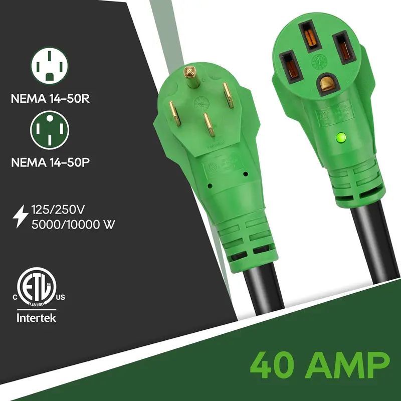 100-Foot Heavy-Duty RV/EV Power Cord – 40A NEMA 14-50 Plug & Receptacle, Built-in LED Indicator & Cord-Winding Organizer