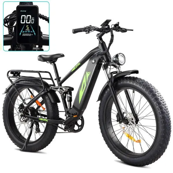1000W Fat-Tire Electric Mountain Bike — Full Suspension, 48V/17.5Ah Battery, 28 MPH Top Speed, UL Certified