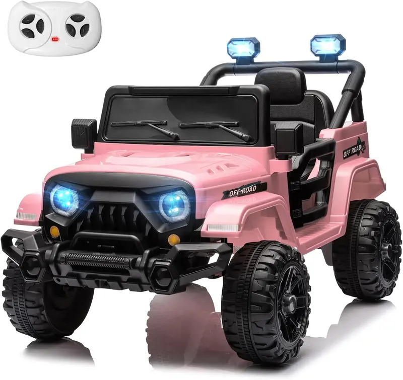 12V Remote-Controlled Ride-On Truck for Children – Twin 35W Motors, Bluetooth Audio, Dynamic LED Lighting, Suspension System & Safety Harness (Rosy Color)