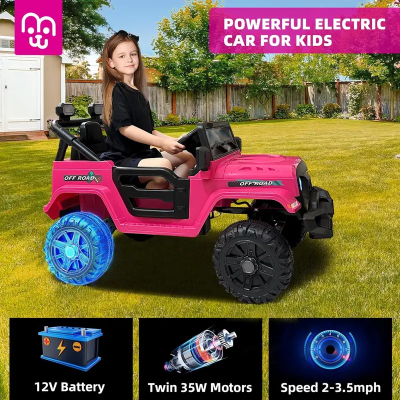 12V Remote-Controlled Ride-On Truck for Children – Twin 35W Motors, Bluetooth Audio, Dynamic LED Lighting, Suspension System & Safety Harness (Rosy Color)