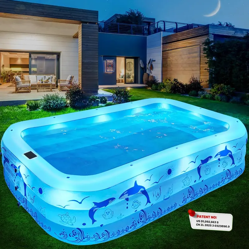 2026 Solar-Powered Inflatable Pool – Upgraded Lighted Backyard Pool with Reinforced Walls for Adults and Kids (Light Blue Finish)