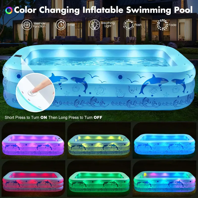 2026 Solar-Powered Inflatable Pool – Upgraded Lighted Backyard Pool with Reinforced Walls for Adults and Kids (Light Blue Finish)