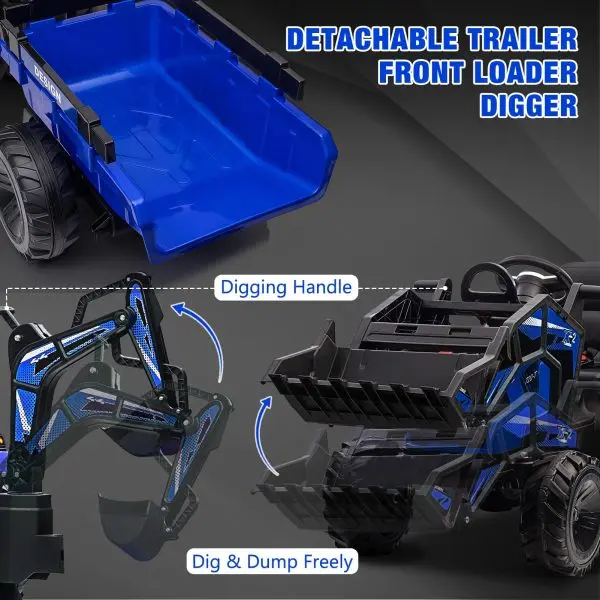 24V 3-in-1 Ride-On Tractor Toy – Excavator, Bulldozer & Tractor Functions with Remote, LED Lights & Bluetooth Audio (Blue)