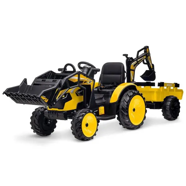 24V 3-in-1 Ride-On Tractor Toy – Excavator, Bulldozer & Tractor Modes with Remote, LED Lights, USB & Bluetooth (Yellow)