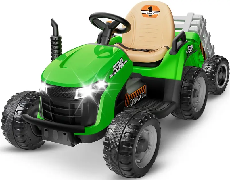 24V Ride-On Tractor for Kids – Tilting Trailer, Dual 65W Motors, Bluetooth Audio, Remote Control & Adjustable Speeds
