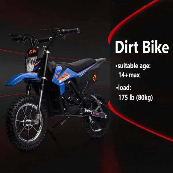 36V Kids’ Electric Dirt Bike – 350W Motor, 15.5 MPH Max Speed, LED Lighting & 175-Lb Load Capacity (Blue)