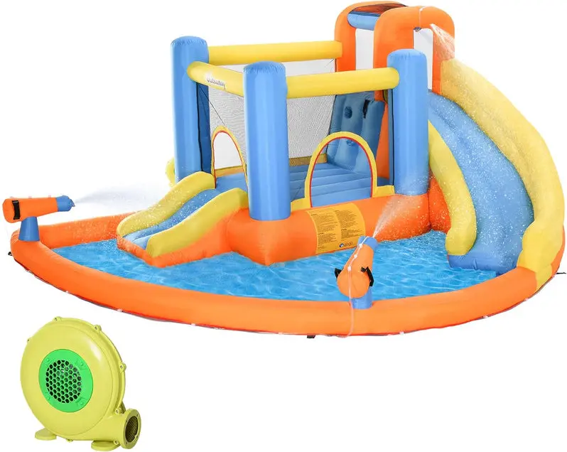 5-in-1 Inflatable Water Play Center for Kids – Includes Bounce House, Slide, Climbing Wall, Twin Water Cannons, and Splash Pool with 450W Heavy-Duty Blower