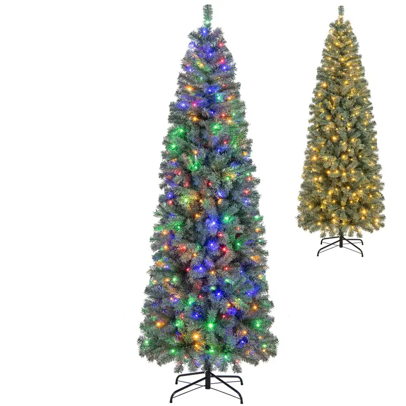 7.5-Foot Blue Slim Pencil Christmas Tree – Pre-Lit Design with 250 Warm White & Multicolor LEDs, 9 Modes, 724 Branch Tips