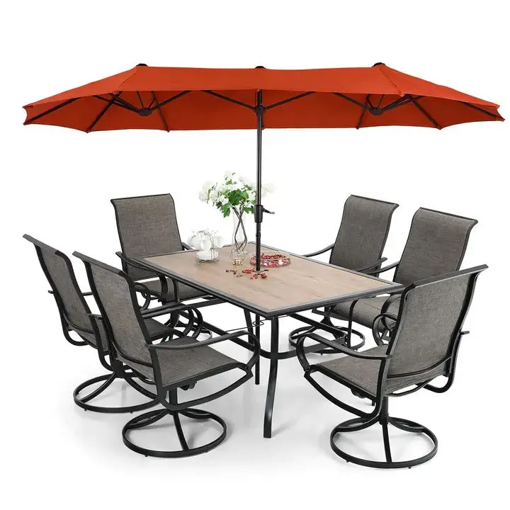 8-Piece Outdoor Dining Set – Umbrella Included with Six Sling Swivel Chairs