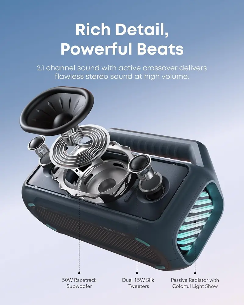 80W IPX7 Waterproof Bluetooth Speaker – Portable Outdoor Speaker with BassUp 2.0, 24-Hour Battery, RGB Lighting & Custom EQ