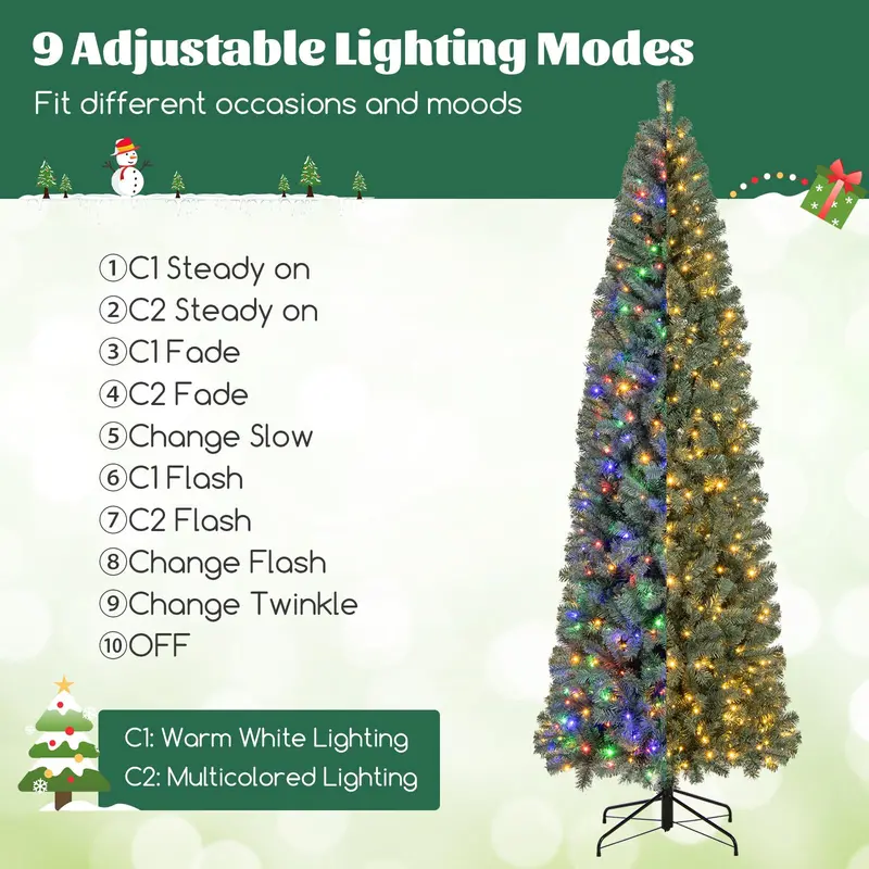 9-Foot Blue Slim Pencil Christmas Tree – Pre-Lit with 500 Warm White & Multicolor LEDs, 9 Lighting Modes, 1168 Branch Tips 2