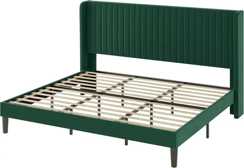 Allewie Full-Size Velvet Wingback Bed Featuring Vertical Channel Tufting and Premium Upholstered Finish 2