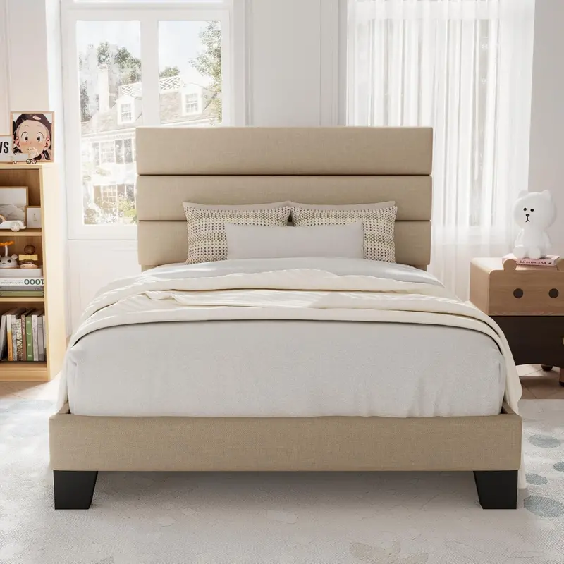 Allewie King-Size Platform Bed Frame – Velvet-Upholstered Headboard with Reinforced Solid Wood Slats