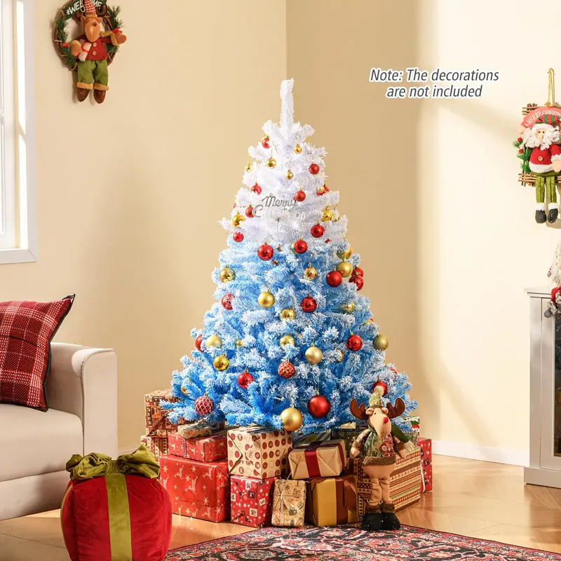 Blue-and-White Snow-Flocked Christmas Tree with Dense Tips and Collapsible Metal Stand 2