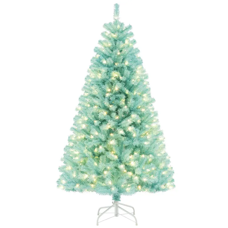 Blue Pre-Lit Christmas Tree — 6 ft to 7 ft Full Hinged Artificial Tree with 280–380 Warm White LEDs