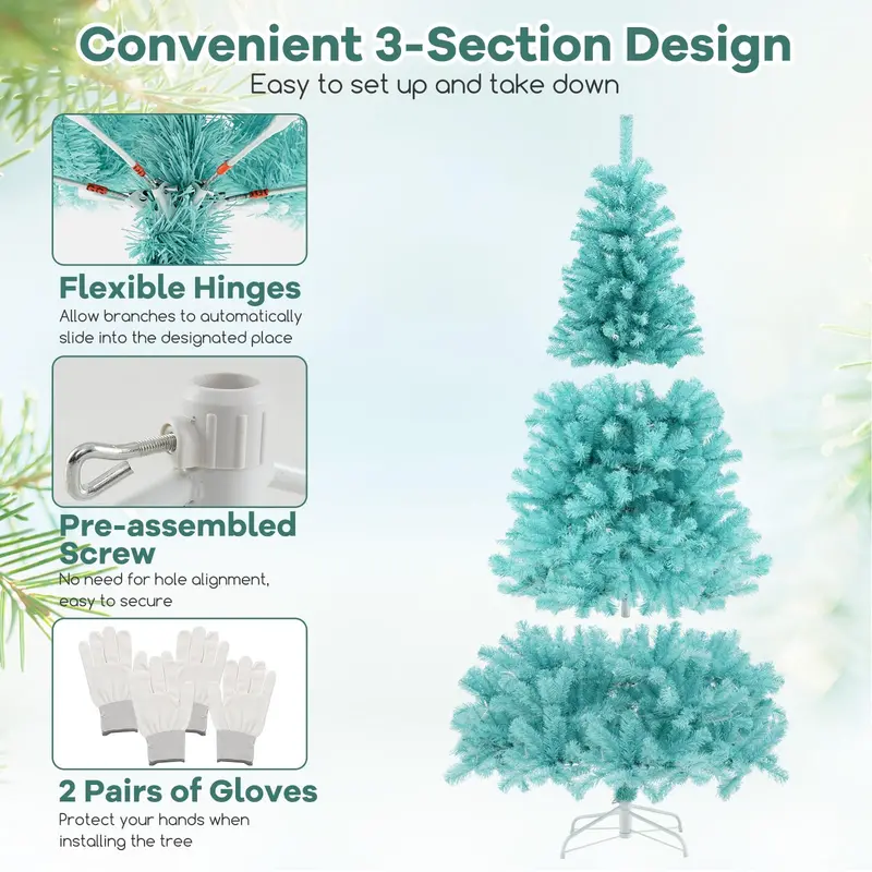 Blue Pre-Lit Christmas Tree — 6 ft to 7 ft Full Hinged Artificial Tree with 280–380 Warm White LEDs