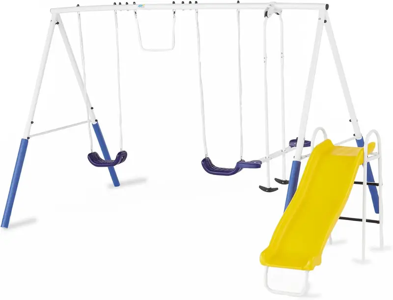 Blue Ridge Backyard Swing Set – Sturdy A-Frame Metal Playset Featuring Glider, Trapeze, Dual Swings, and Integrated Slide