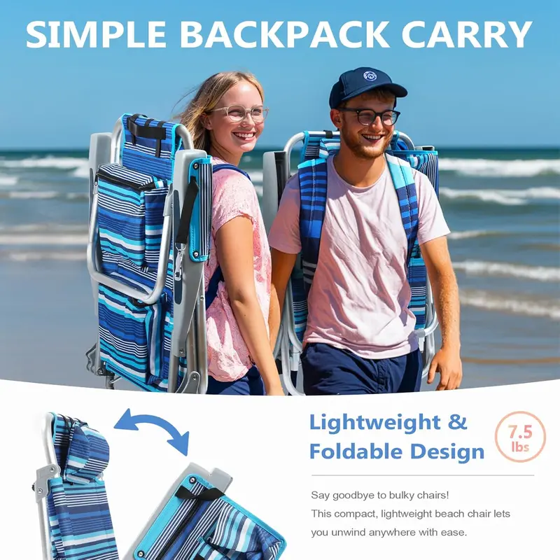 Blue Stripe Tall Aluminum Beach Chairs (2-Pack) – Lay-Flat Design with Cooler Pouch, Towel Bar & Smartphone Holder