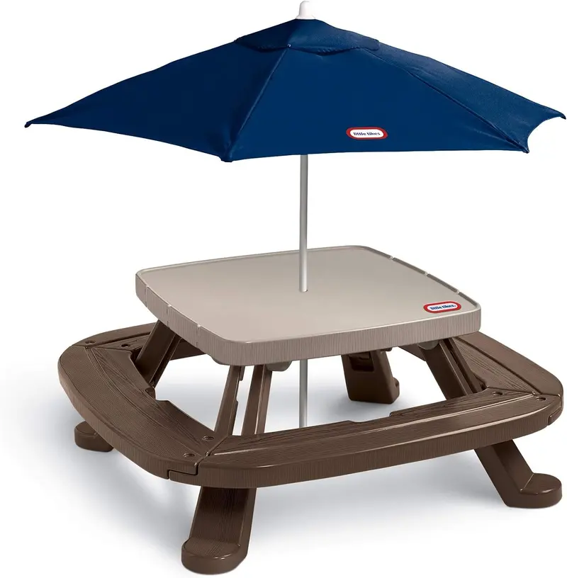 Brown Wooden Picnic Table with Built-In Market Umbrella – All-in-One Outdoor Dining and Shade Solution