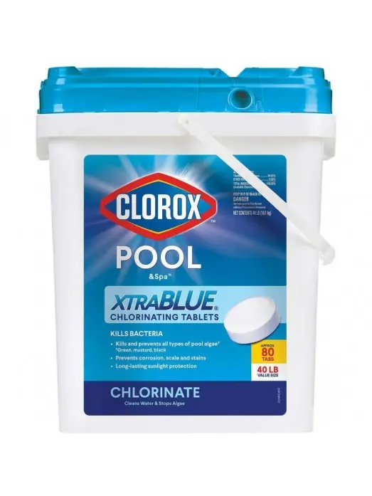 Clorox Xtra Blue 3-Inch Chlorine Tablets – 40-Pound Bucket (80 Count) for Extended Pool & Spa Sanitization