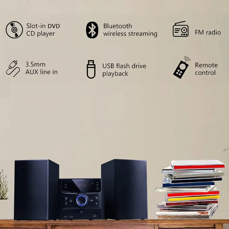 Compact Bluetooth Stereo System – CD/FM/USB/Aux Playback, 30W Output & Wireless Audio Streaming Capability