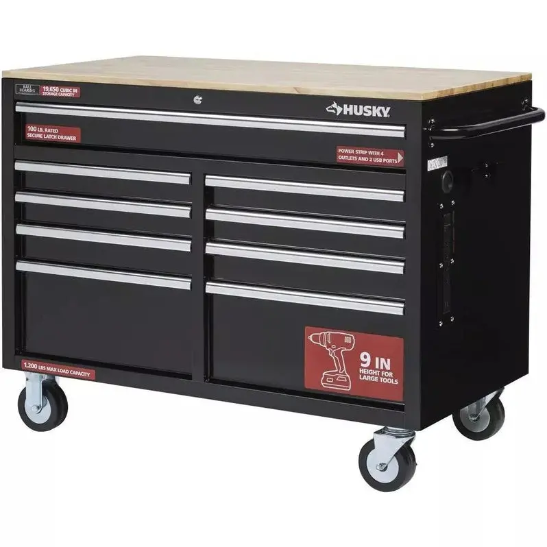 Gloss Black 9-Drawer Mobile Tool Chest – 46" Wide × 24" Deep Workbench with Casters