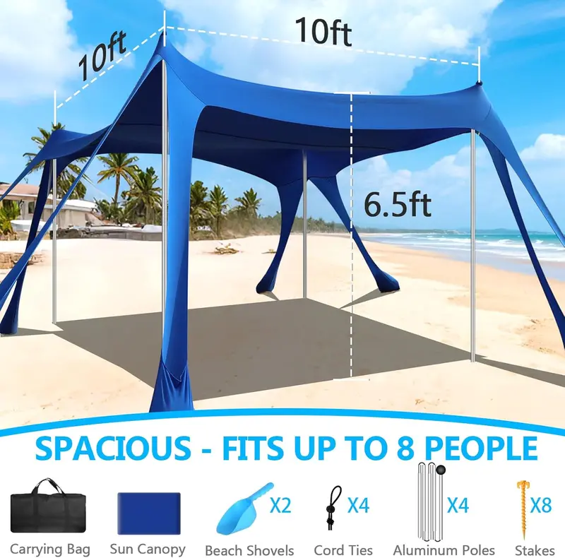 Heavy-Duty 10' x 10' Beach Canopy Tent – UPF50+ Sun Shelter with Sandbags, Reinforced Stability Poles & Corrosion-Resistant Frame (Blue)