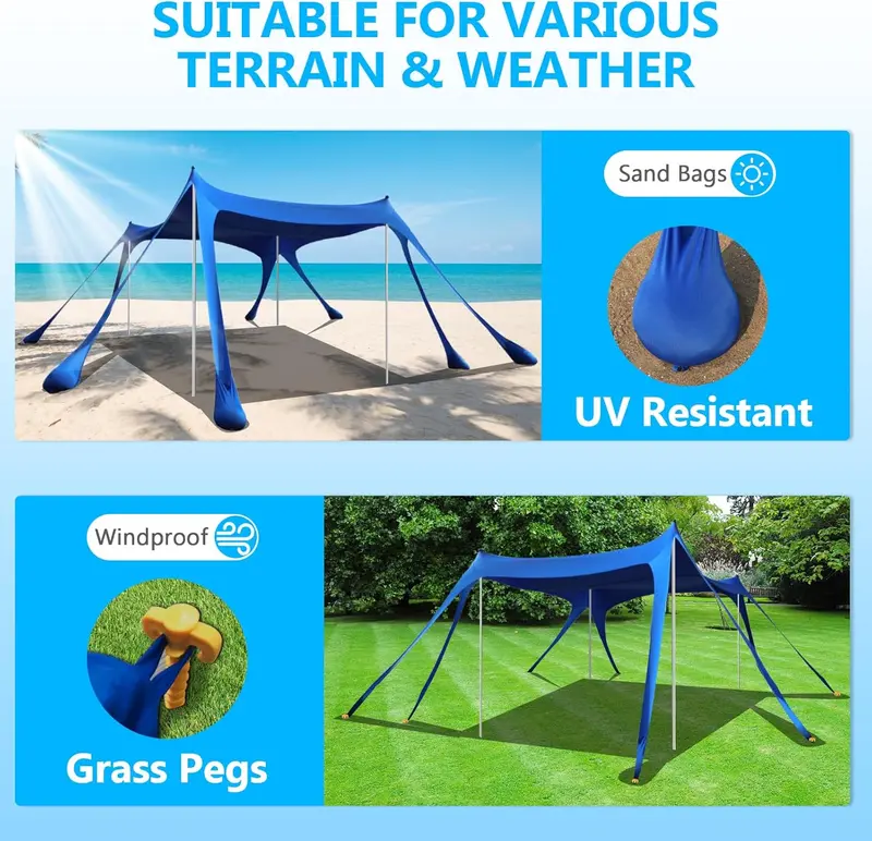 Heavy-Duty 10' x 10' Beach Canopy Tent – UPF50+ Sun Shelter with Sandbags, Reinforced Stability Poles & Corrosion-Resistant Frame (Blue)