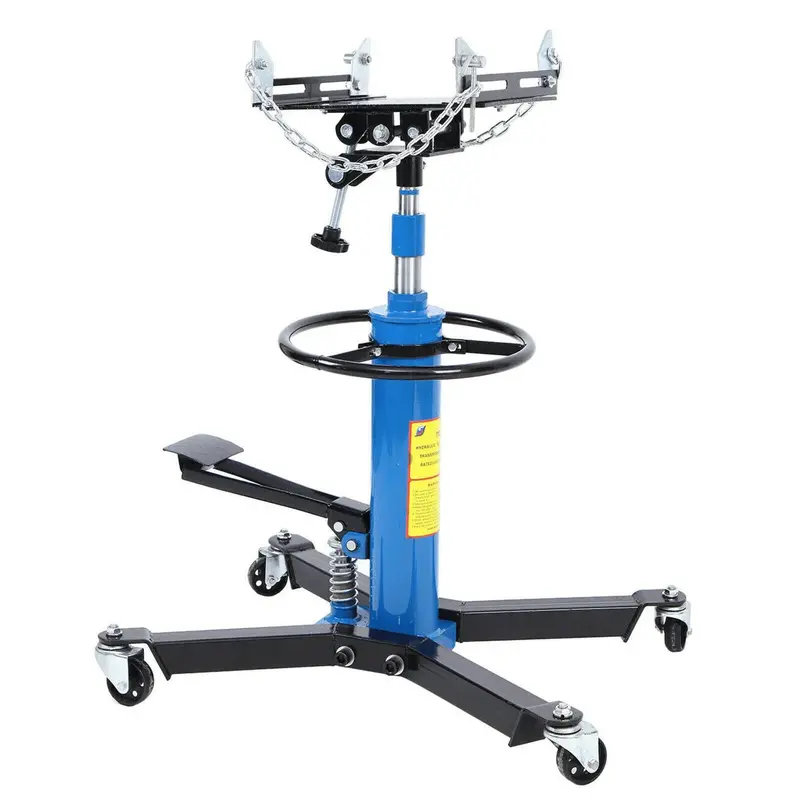 Heavy-Duty 1660-Lb Vertical Hydraulic Transmission Jack with 360° Swivel Pedal and Adjustable Height Range (33"–70") – Blue