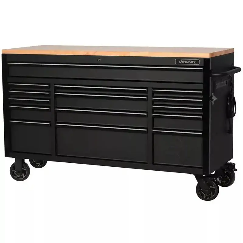 Heavy-Duty 61" Mobile Workbench – 15-Drawer Steel Cabinet with Solid Wood Work Surface