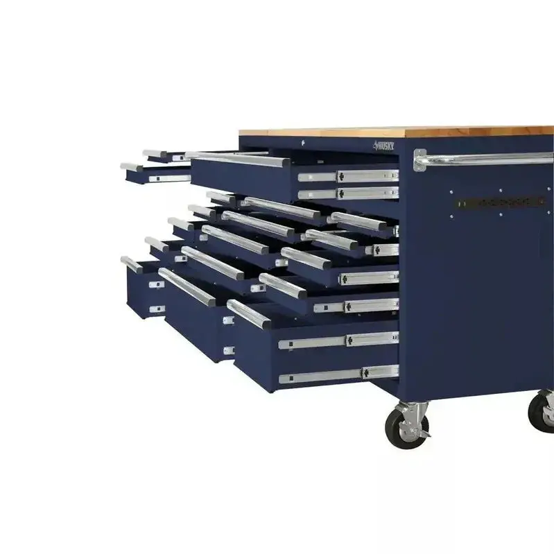 Husky 72" Heavy-Duty Mobile Workbench – 18-Drawer Rolling Cabinet with Solid Wood Top, Gloss Blue