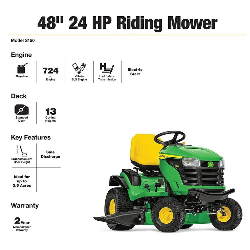 John Deere S160 Premium Gas-Powered Lawn Tractor – 48" Cutting Width, ELS Deck System, and Responsive Hydrostatic Drive