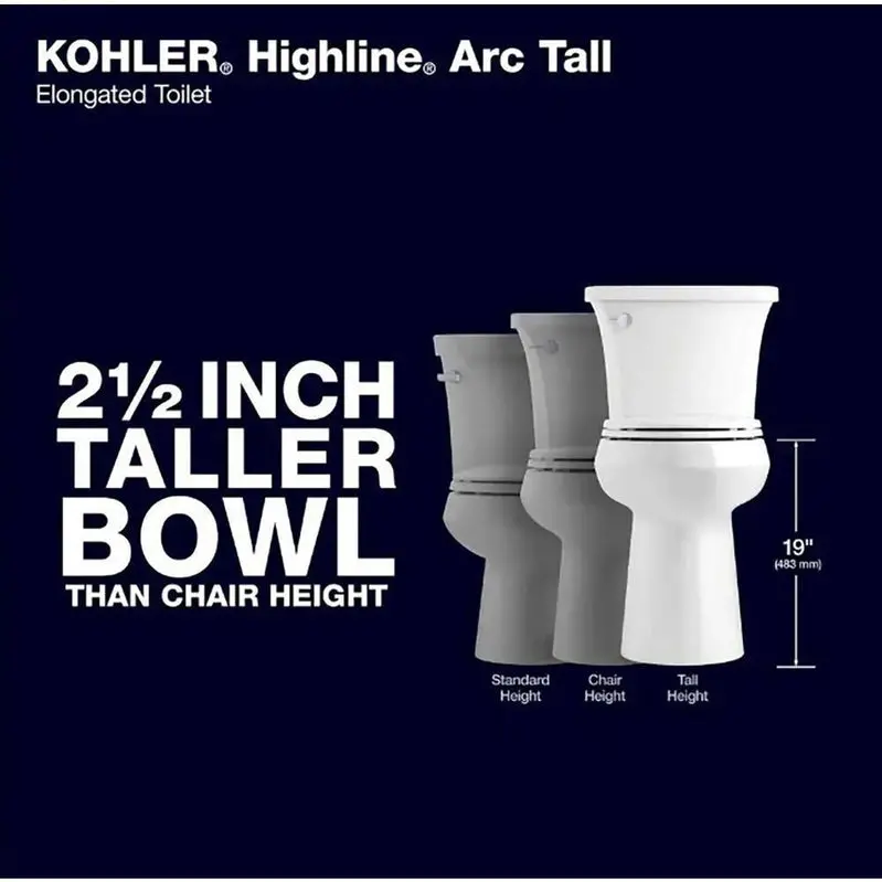 KOHLER Highline Arc Extra-Tall Elongated Toilet – Single-Flush Efficiency, White Finish, Includes Premium Soft-Close Seat (Model 78305-0)