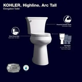 KOHLER Highline Arc Tall-Height Elongated Toilet – Water-Saving 1.28 GPF Design, White Ceramic Construction with Matching Seat (78305-0)