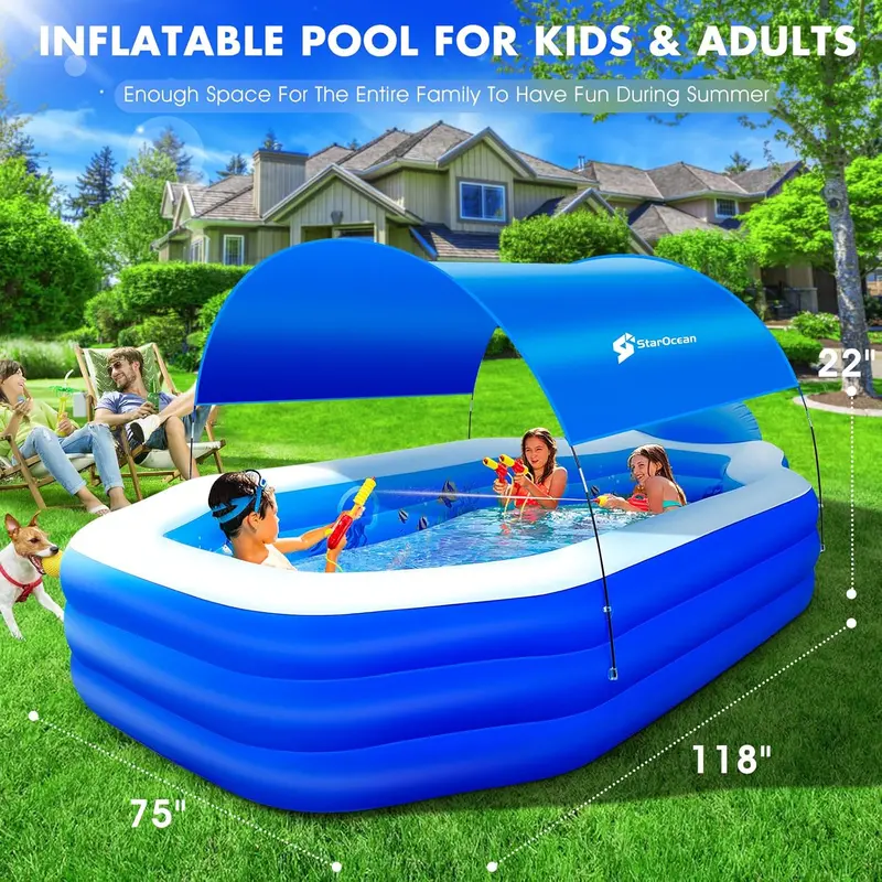 Large Canopy Inflatable Family Pool – Blow-Up Swimming Pool with Integrated Seats and Ergonomic Backrests (118" × 75" × 22", Deep Blue) 2