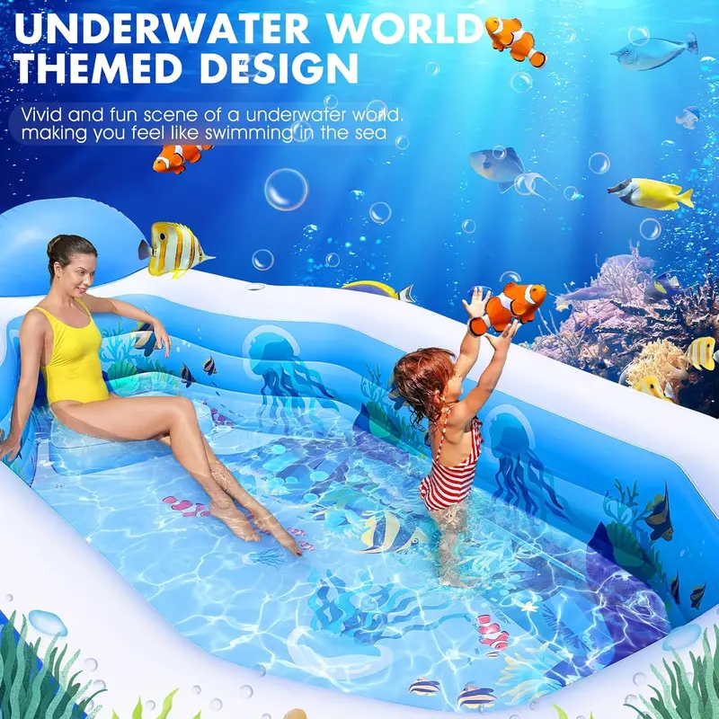 Large Canopy Inflatable Family Pool – Blow-Up Swimming Pool with Integrated Seats and Ergonomic Backrests (118" × 75" × 22", Deep Blue)