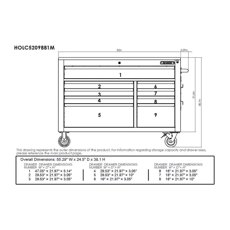 Matte Blue 52-Inch Adjustable Mobile Workbench with 9-Drawer Storage and Solid Wood Surface