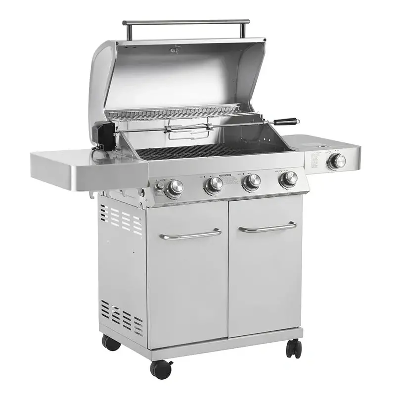 Monument Grills Premium 4-Burner Stainless Steel Propane Grill Featuring Integrated Rotisserie System