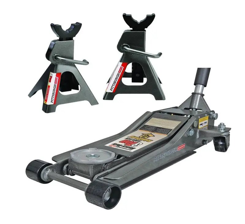 Pittsburg 3-Ton Low-Profile Floor Jack Kit – Includes Rapid-Pump Hydraulic Jack and Matching Safety Stands