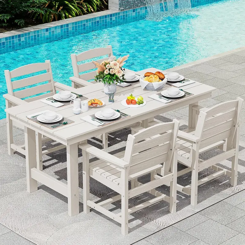 SERWALL Blue HDPE 7-Piece Outdoor Dining Set: Weatherproof Patio Table with Umbrella Hole + Six Stackable Chairs