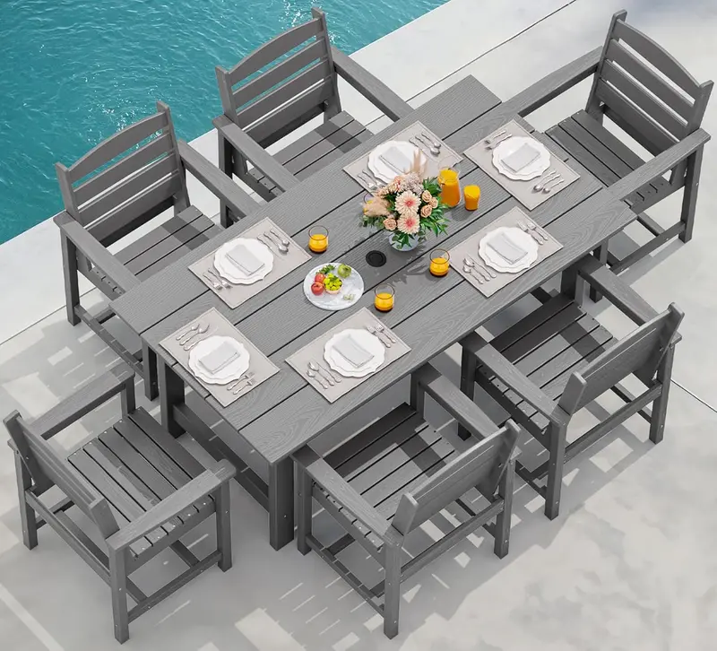 SERWALL Blue HDPE 7-Piece Outdoor Dining Set: Weatherproof Patio Table with Umbrella Hole + Six Stackable Chairs