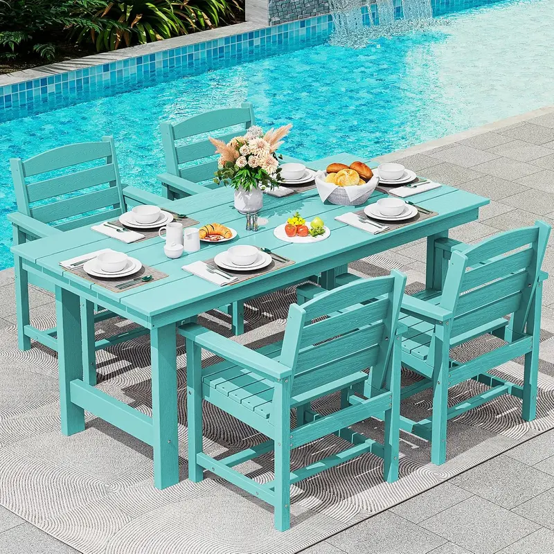 SERWALL Blue HDPE 7-Piece Outdoor Dining Set: Weatherproof Patio Table with Umbrella Hole + Six Stackable Chairs