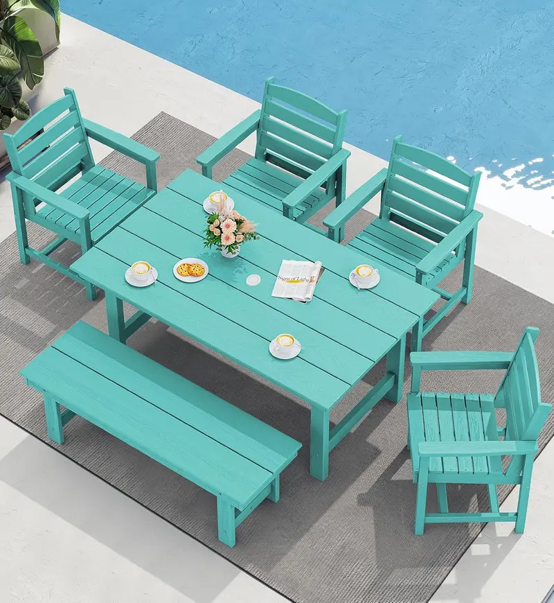 SERWALL Blue HDPE 7-Piece Outdoor Dining Set: Weatherproof Patio Table with Umbrella Hole + Six Stackable Chairs