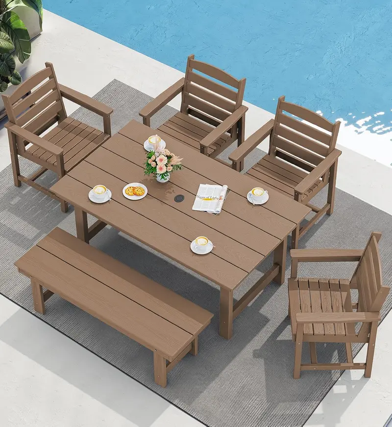 SERWALL Blue HDPE 7-Piece Outdoor Dining Set: Weatherproof Patio Table with Umbrella Hole + Six Stackable Chairs