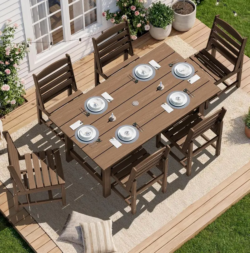 SERWALL Blue HDPE 7-Piece Outdoor Dining Set: Weatherproof Patio Table with Umbrella Hole + Six Stackable Chairs