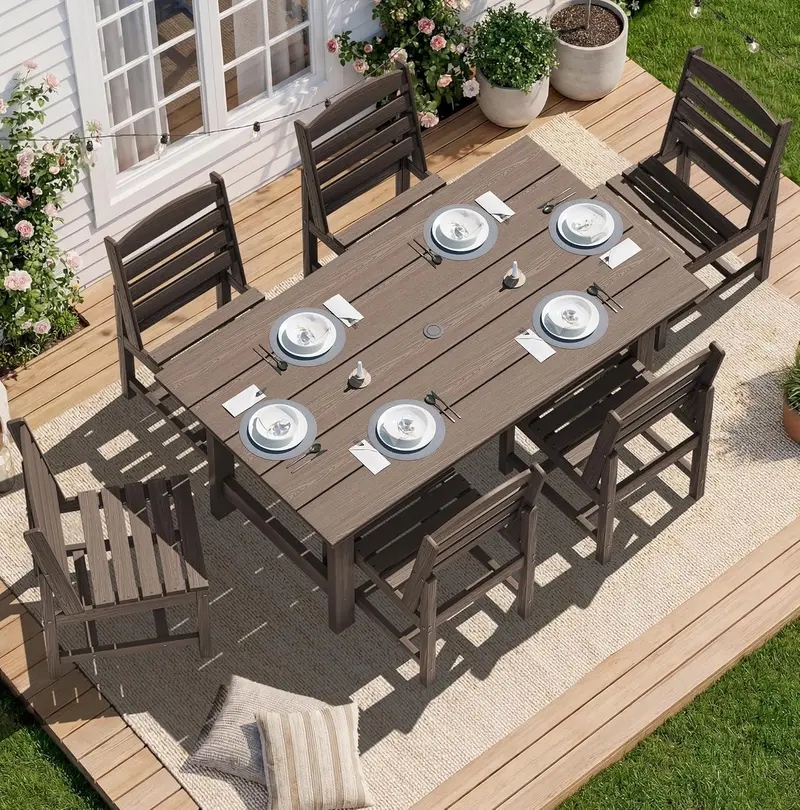 SERWALL Blue HDPE 7-Piece Outdoor Dining Set: Weatherproof Patio Table with Umbrella Hole + Six Stackable Chairs