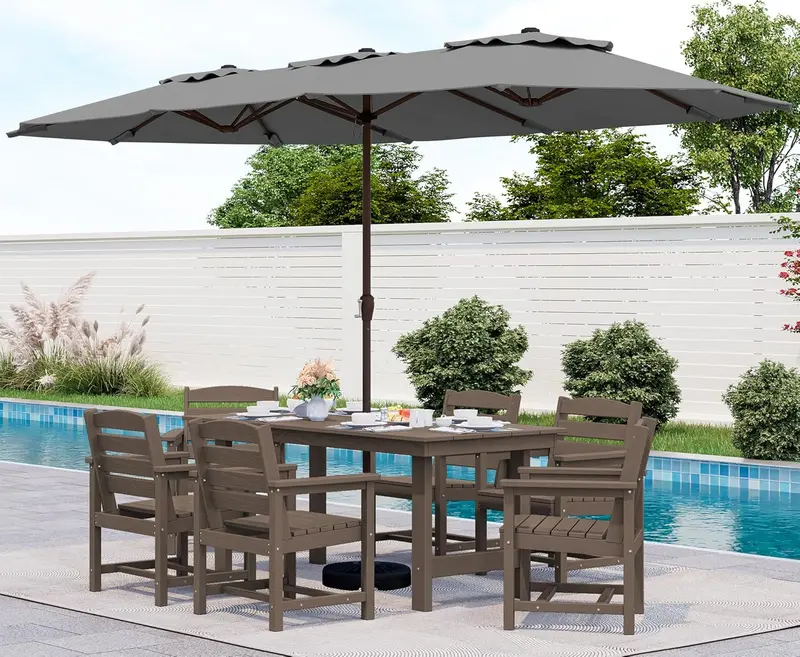SERWALL Blue HDPE 7-Piece Outdoor Dining Set: Weatherproof Patio Table with Umbrella Hole + Six Stackable Chairs