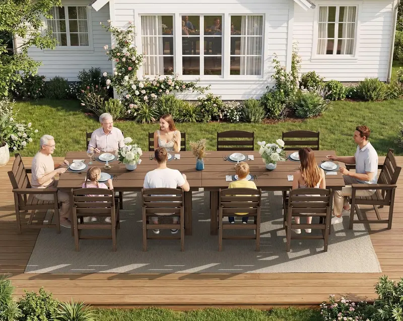 SERWALL Blue HDPE 7-Piece Outdoor Dining Set: Weatherproof Patio Table with Umbrella Hole + Six Stackable Chairs