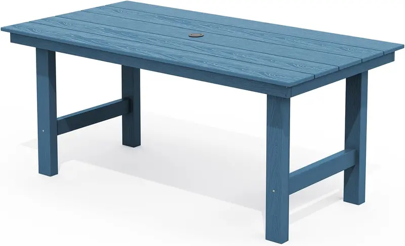 SERWALL Blue HDPE 7-Piece Outdoor Dining Set: Weatherproof Patio Table with Umbrella Hole + Six Stackable Chairs