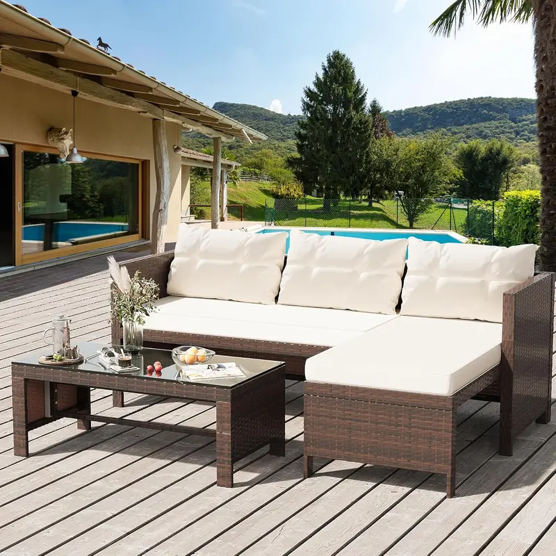 Shintenchi 3-Piece Blue-Gray All-Weather Wicker Patio Set – Compact Outdoor Conversation Seating with Tempered Glass Table and Comfort Cushions